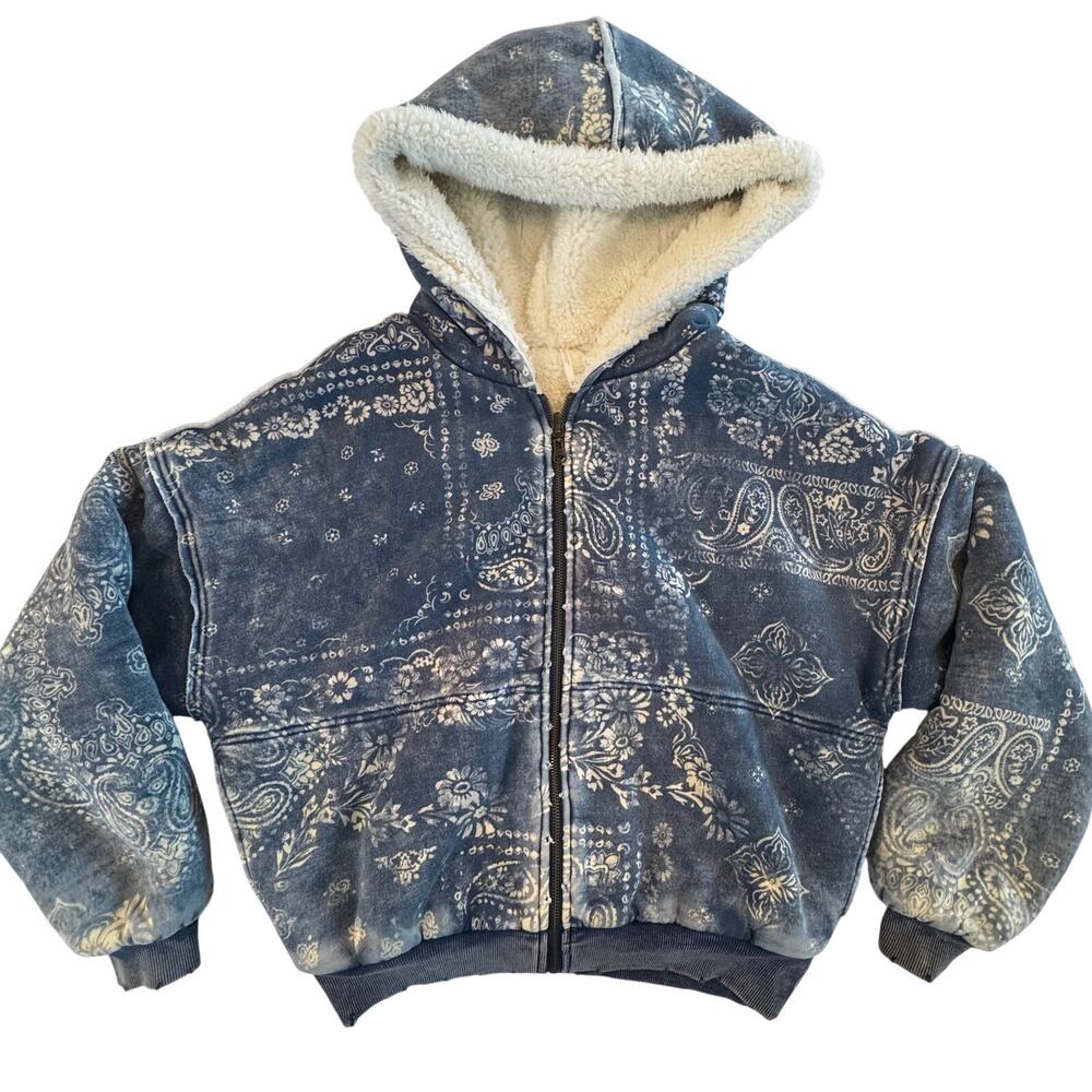 Free People Billie Jacket XS Blue Paisley Sherpa Lined Zip Hoodie Crop Oversized - Picture 3 of 16
